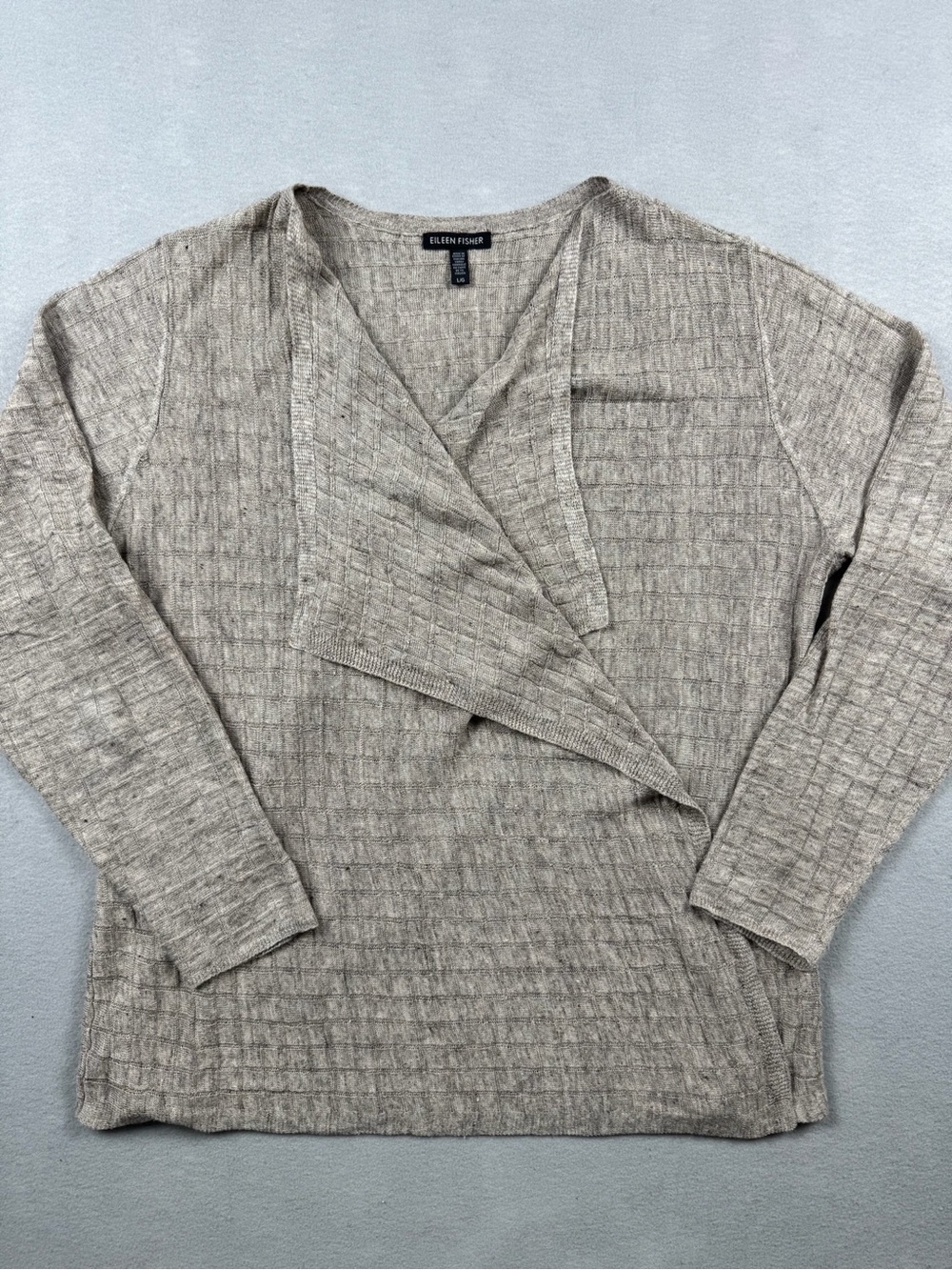 Eileen Fisher Beige Linen Cardigan Draped Shawl Collar Grid Pattern Wrap Large